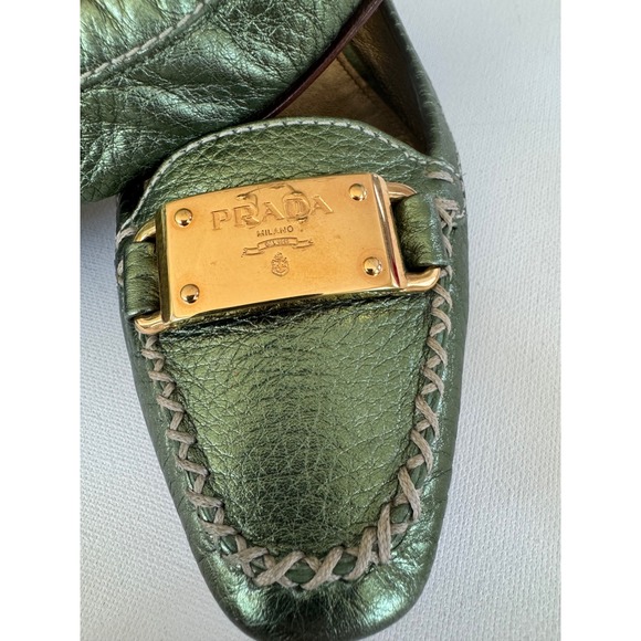 Prada Metallic Olive Leather Plaque Loafers EU 36 Vintage Y2K Made Italy - Picture 10 of 15